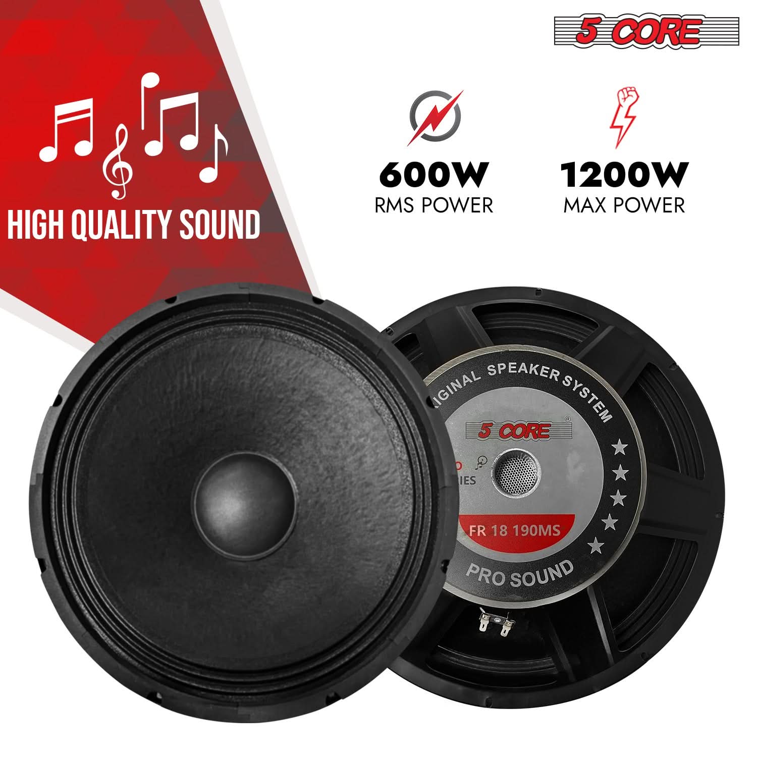 5Core 18 Inch Subwoofer Speaker 1200W Max 8Ohm Full Range Replacement DJ Sub Woofer - Image 2