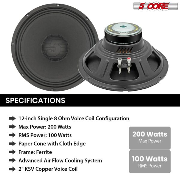 5 Core 12 Inch Speaker Pair 200W PA DJ Loudspeaker 8 Ohm Replacement Driver w 30 Oz Magnet - Image 6