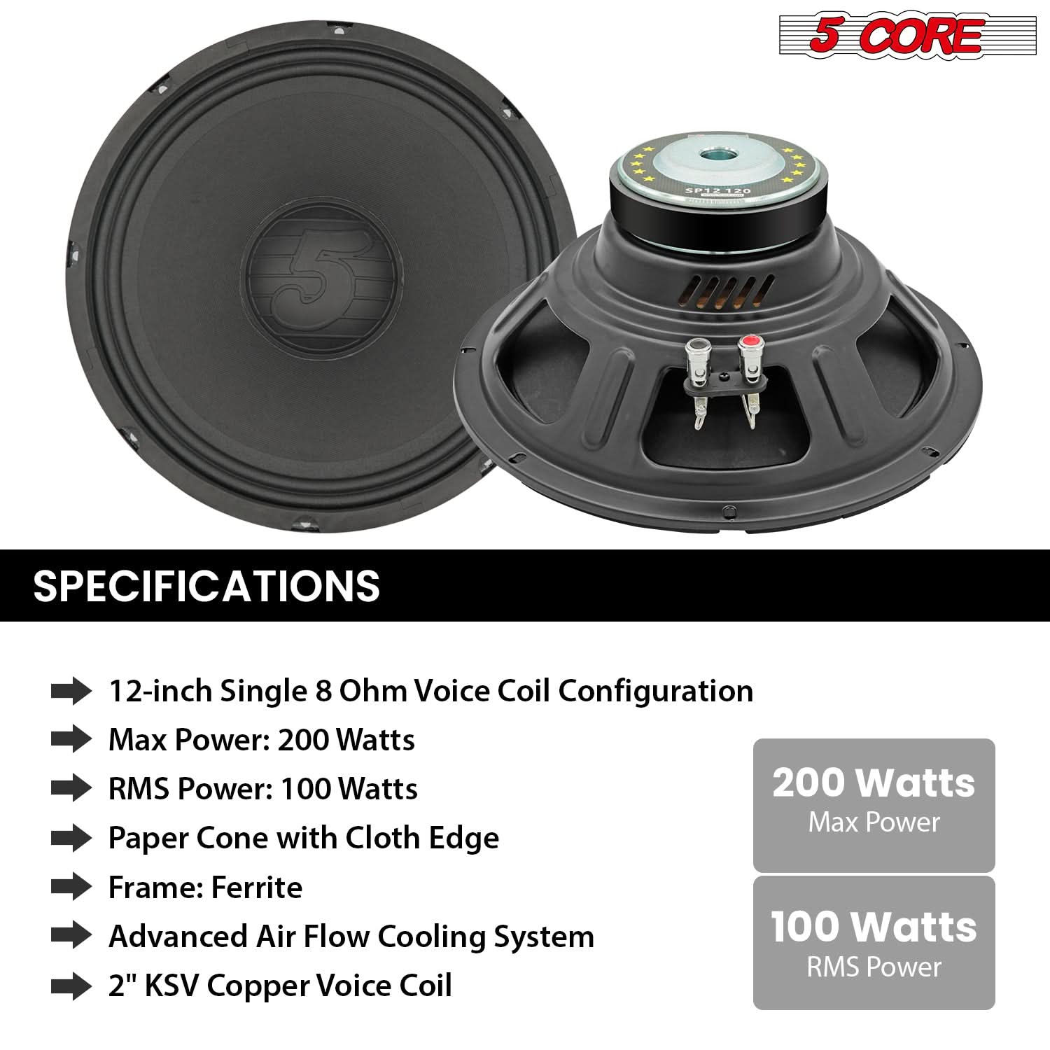 5 Core 12 Inch Speaker Pair 200W PA DJ Loudspeaker 8 Ohm Replacement Driver w 30 Oz Magnet - Image 6